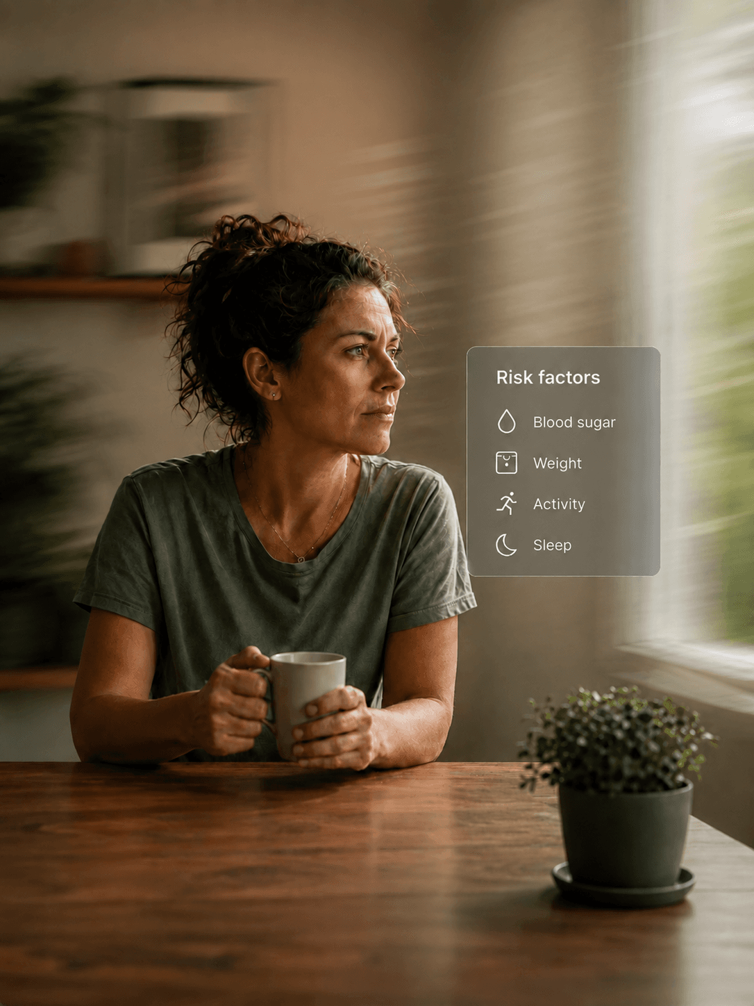 Woman pausing at her kitchen table with a coffee mug, beside a Gluco Solutions risk-factors card showing blood sugar, weight, activity, and sleep