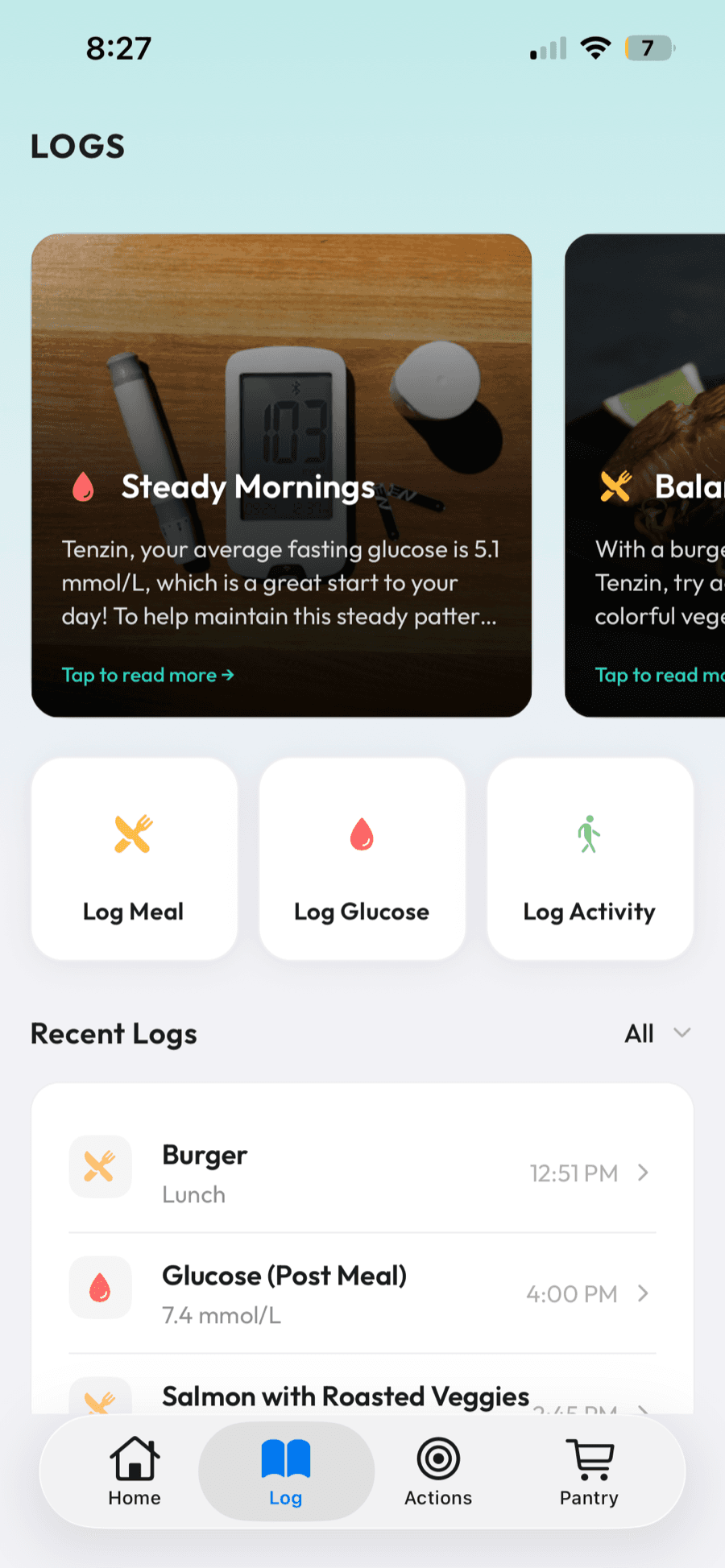 Redu log screen: quick log for meals, glucose, and activity, plus recent entries.