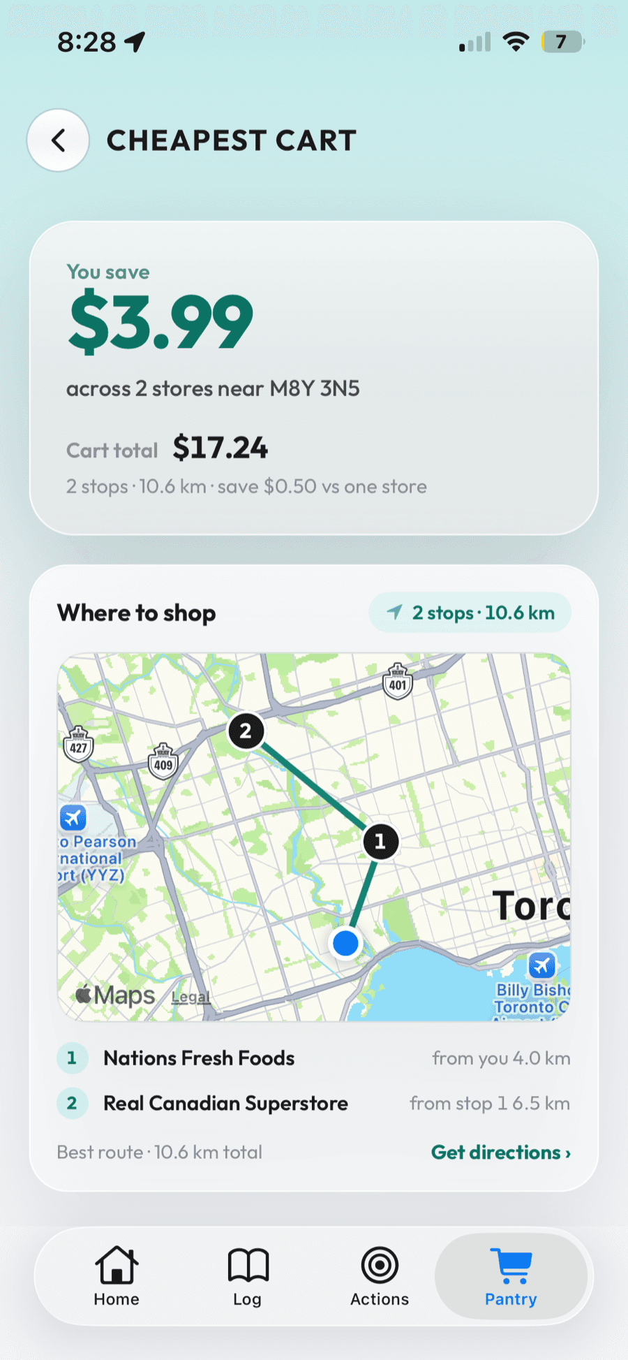 Redu cheapest cart: savings across nearby stores with a mapped shopping route.